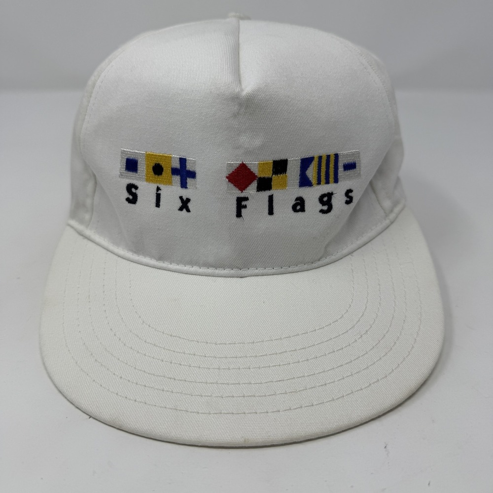Vintage Six Flags Hat Cap Snapback White Nautical Embroidered Mens USA 90s